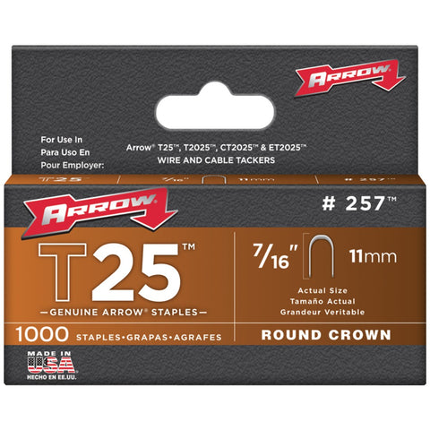 Arrow(R) 257 T25 Round Crown Staples, 7/16"; 1,000 pk