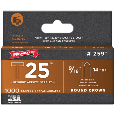 Arrow(R) 259 T25 Round Crown Staples, 9/16"; 1,000 pk