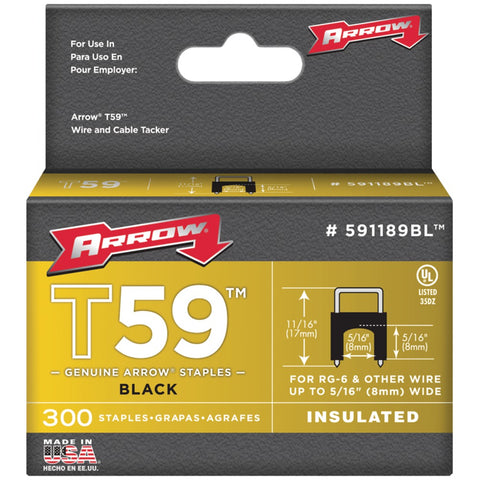 Arrow(R) 591189BL Black T59 Insulated Staples for RG59 quad & RG6, 5/16" x 5/16", 300 pk