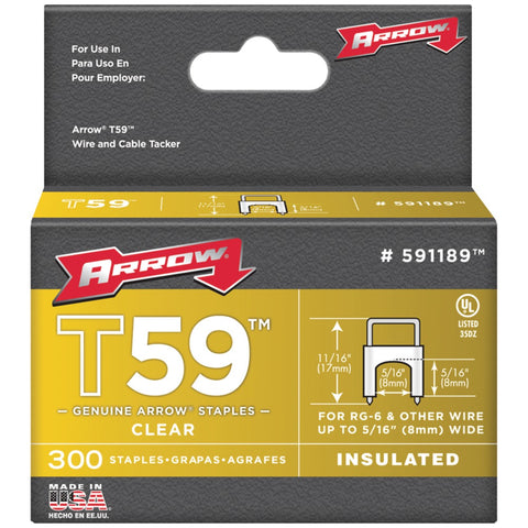 Arrow(R) 591189 Clear T59 Insulated Staples for RG59 quad & RG6, 5/16" x 5/16", 300 pk