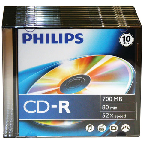 Philips(R) CDR80D52N/300 700MB 80-Minute 52x CD-Rs with Slim Jewel Cases, 10 pk
