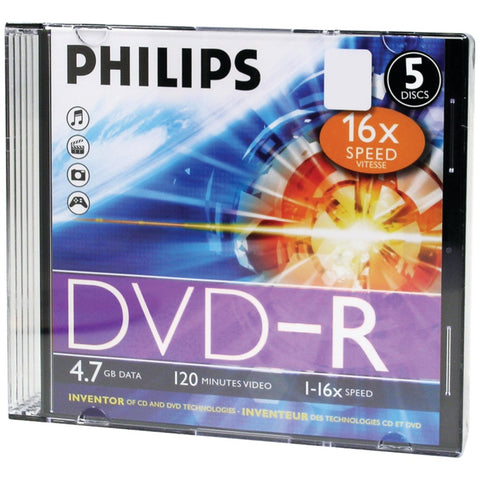 Philips(R) DM4S6S05F/17 4.7GB 16x DVD-Rs with Slim Jewel Cases, 5 pk