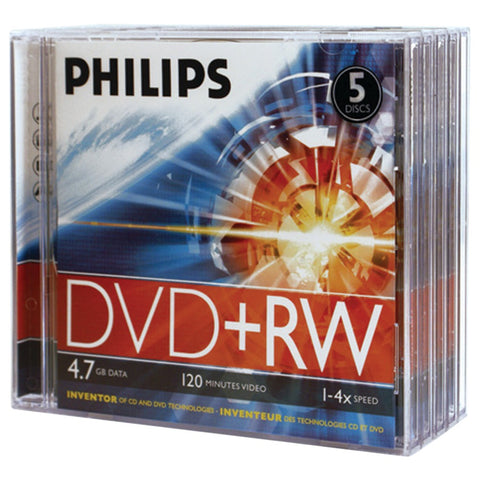 Philips(R) DW4S4J05F/17 4.7GB 4x DVD+RWs with Jewel Cases, 5 pk