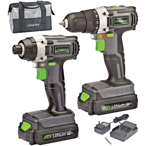 Genesis(TM) GL20DIDKA2 20-Volt Cordless Li-Ion 2-Speed Drill/Impact Driver Combo Kit