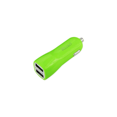 REIKO MICRO USB 2 AMP DUAL USB PORTS CAR CHARGER IN GREEN