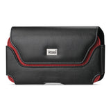 REIKO LEATHER HORIZONTAL POUCH WITH RED BEE NEST INTERIOR IN BLACK (5.12X2.91X0.94 INCHES PLUS)