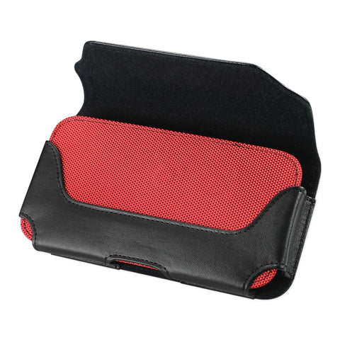 REIKO LEATHER HORIZONTAL POUCH WITH RED BEE NEST INTERIOR IN BLACK (5.12X2.91X0.94 INCHES PLUS)