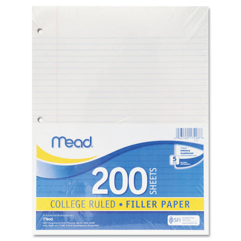 Filler Paper, 15lb, College Rule, 11 X 8 1/2, White, 200 Sheets