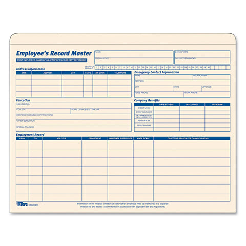 Employee Record Master File Jacket, 9 1/2 X 11 3/4, 10 Point Manila, 15/pack