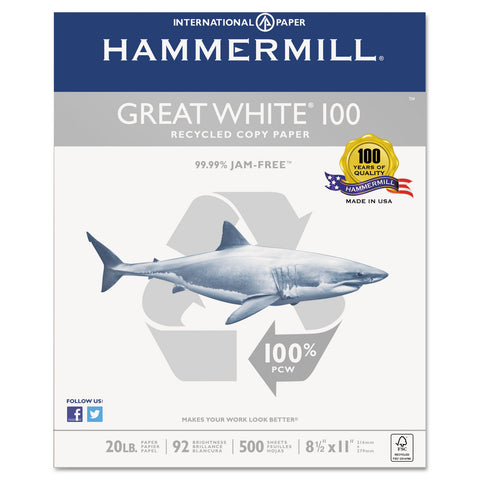 Great White 100 Recycled Copy Paper, 20lb, 8-1/2 X 11, White, 5,000 Sheet/carton
