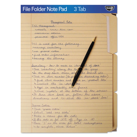 Findit File Folders Notepad, 1/3 Cut, 11 Pt Stock, Letter, Manila