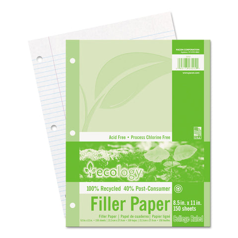 Ecology Filler Paper, 8-1/2 X 11, College Ruled, 3-Hole Punch, We, 150 Sheets/pk