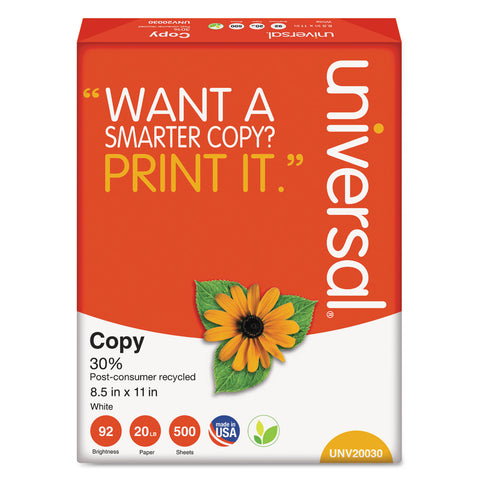 30% Recycled Copy Paper, 92 Brightness, 20lb, 8 1/2 X 11, White, 5000/carton