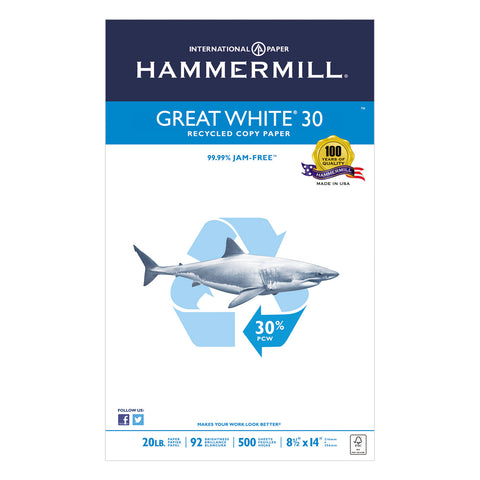 Great White Recycled Copy Paper, 92 Brightness, 20lb, 8-1/2 X 14, 500 Shts/ream