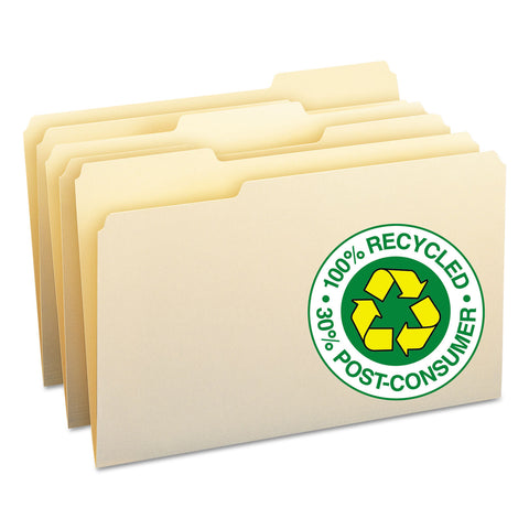 100% Recycled File Folders, 1/3 Cut, One-Ply Top Tab, Legal, Manila, 100/box