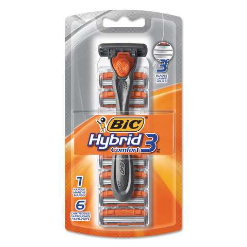 Hybrid 3 Comfort Disposable Men's Razor, 3 Blades, Silver/orange, 6/pack