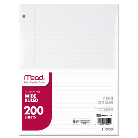 Filler Paper, 15lb, Wide Rule, 3 Hole, 10 1/2 X 8, 200 Sheets
