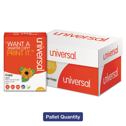 30% Recycled Copy Paper, 92 Brightness,20lb,8 1/2x11, White, 5000/ctn,40ctn/pllt