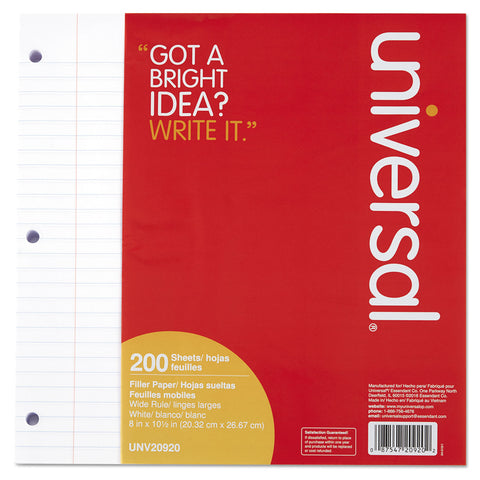 Filler Paper, 8 X 10 1/2, Wide Rule, White, 200 Sheets/pack