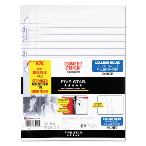 Reinforced Filler Paper, 20lb, College Rule, 11 X 8 1/2, White, 100 Sheets