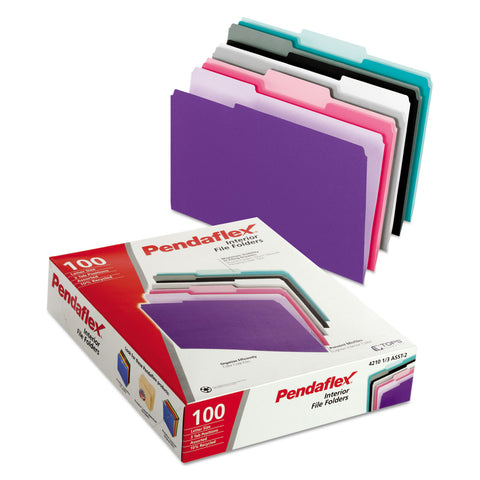 Interior File Folders, 1/3 Cut Top Tab, Letter, Pastel Assortment, 100/box