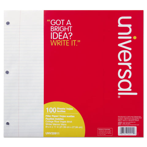 Filler Paper, 8 1/2 X 11, College Rule, White, 100 Sheets/pack