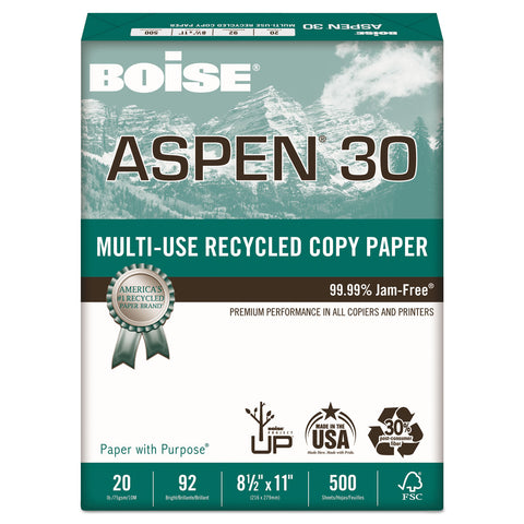 Aspen 30% Recycled Multi-Use Paper, 92 Bright, 20lb, 8 1/2 X 11, White