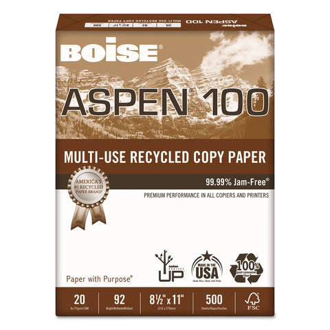 Aspen 100% Multi-Use Recycled Paper, 92 Bright, 20lb, 8-1/2 X 11, White