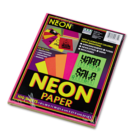 Array Colored Bond Paper, 24lb, 8-1/2 X 11, Assorted Neon, 100 Sheets/pack