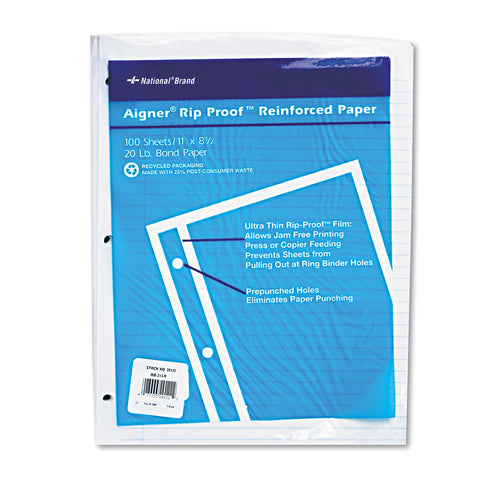 Rip Proof Reinforced Filler Paper, Ruled, 20 Lb, Letter, White, 100 Sheets/pk