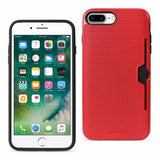 REIKO IPHONE 7 PLUS SLIM MESH SURFACE ARMOR HYBRID CASE WITH CARD HOLDER IN RED