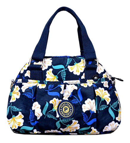 Women Waterproof Zipper Tote Bag Handbag Messenger Bag, Dark Blue, Flower