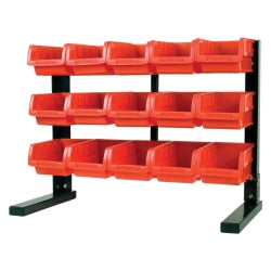 Table Top Storage Rack, with 15 Red Plastic Bins, Steel Holder, 21-1/4" W x 16-3/4" H x 10-7/8" D
