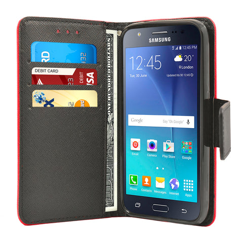 Samsung Galaxy J5 2016 Folio Cover with Credit Card ID Holders Leather Wallet Pouch Case Cover Red