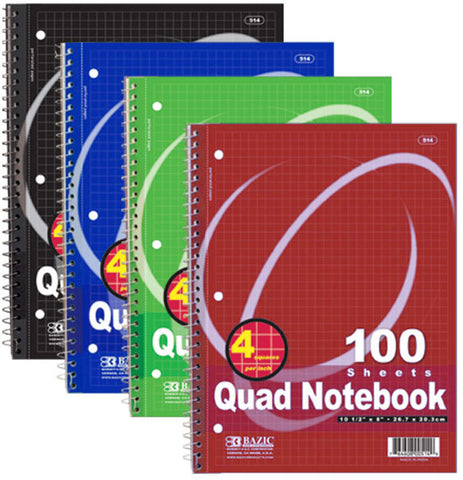 Bazic 100 Count Quad-Ruled 4-1" Spiral Notebook Case Pack 24