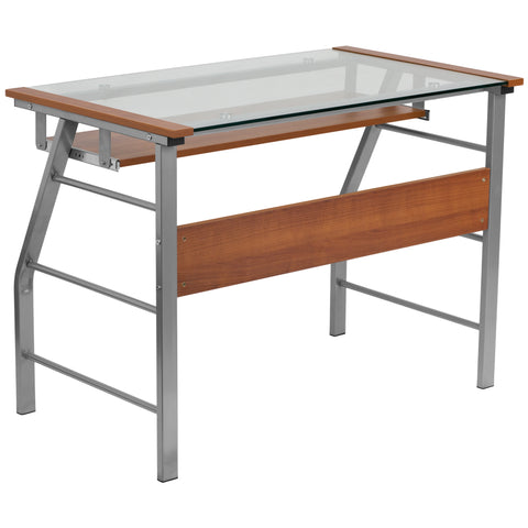 Glass Computer Desk with Pull-Out Keyboard Tray