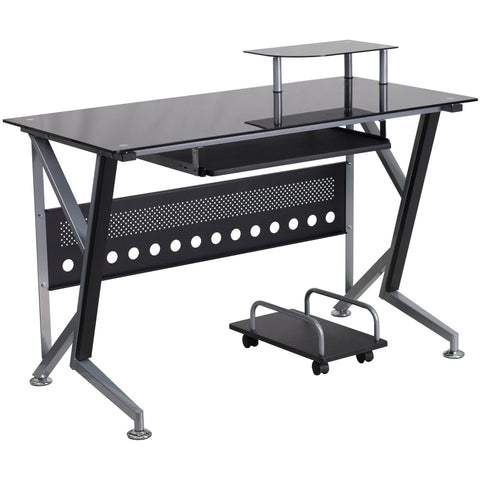 Glass Computer Desk with Pull-Out Keyboard Tray and CPU Cart