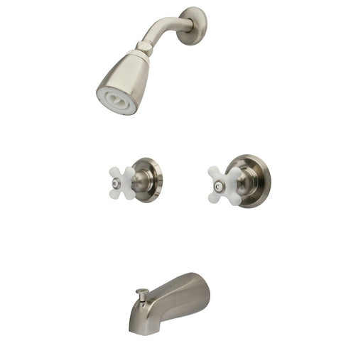 Kingston Brass KB248PX Victorian Tub and Shower Faucet with Porcelain Cross Handles, Satin Nickel - Satin Nickel