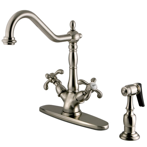 Kingston Brass  KS1238TXBS French Country Mono Deck Mount Kitchen Faucet with Brass Sprayer, SN - Satin Nickel