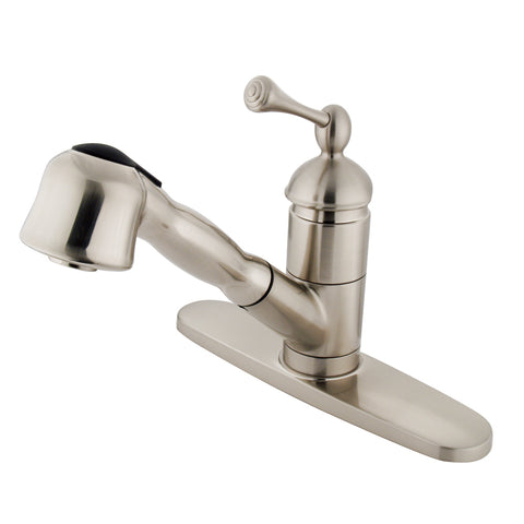 Kingston Brass KS3898BL English Vintage 8" Single Handle Pull Out Kitchen Faucet Ceramic Cartridge, Satin Nickel - Satin Nickel