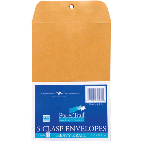Heavy Clasp Envelopes 6"X9" 5/Pkg-Kraft
