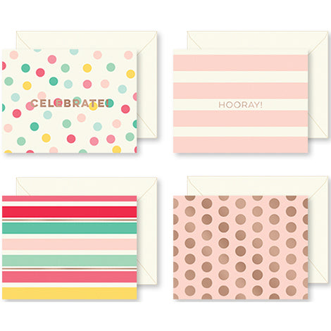 Hooray Cards W/Envelopes 12/Pkg-4 Designs/3 Each, Some W/Rose Gold Foil