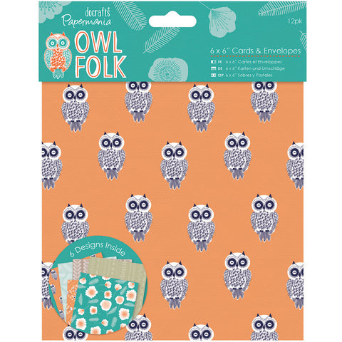 Papermania Owl Folk Cards W/Envelopes 6"X6" 12/Pkg-