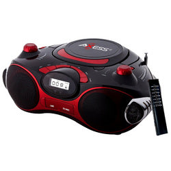 Axess Red Portable Boombox MP3/CD Player with Text Display,with AM/FM Stereo, USB/SD/MMC/AUX Inputs