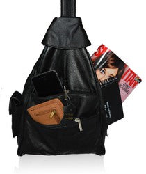 AFONiE Genuine Leather 4 Compartments Women Backpack Handbag-Black